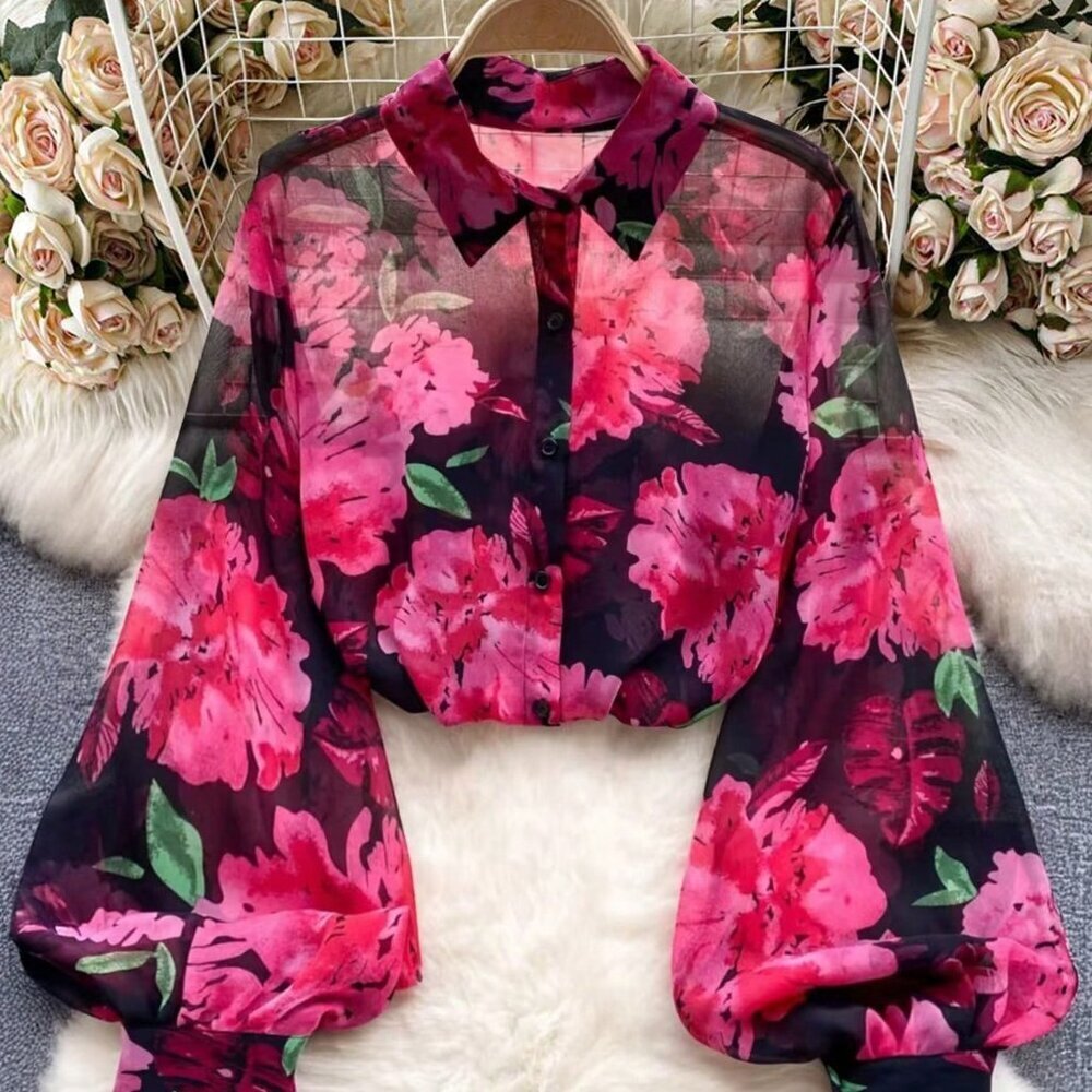 Red Boho Women's Front Button Long Sleeve Floral All-Over Print Casual Top